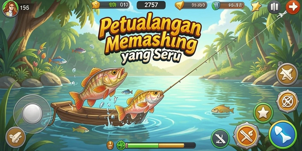 Screenshot utama menampilkan pemain memancing di danau yang indah.