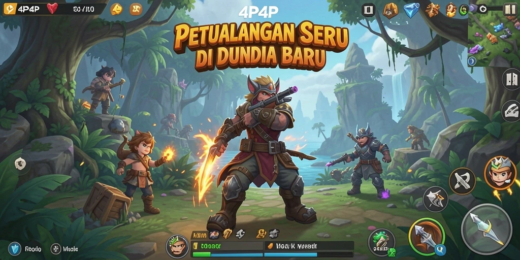 Tampilan gameplay seru dalam 4P4P saat menjelajahi dunia baru.
