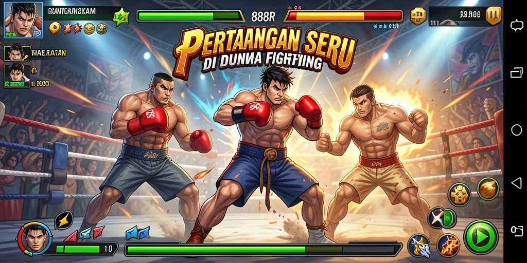 Tangkapan layar gameplay 888R menampilkan pertarungan intens dengan karakter yang beraksi.