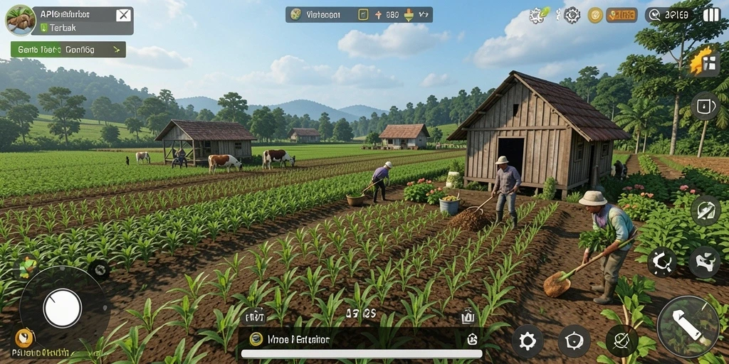 Tampilan gameplay seru dengan aktivitas bertani yang beragam.
