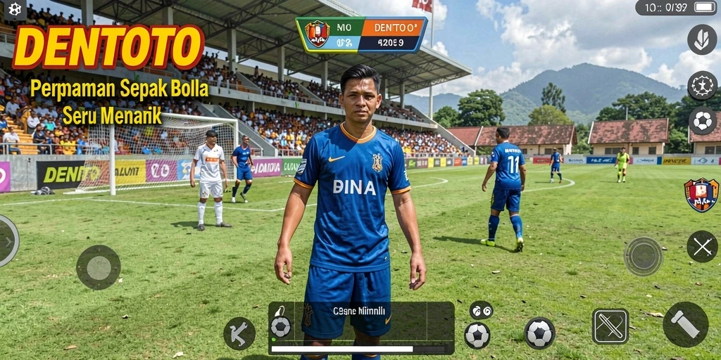 Screenshot DENTOTO menunjukkan aksi pertandingan sepak bola yang mendebarkan.