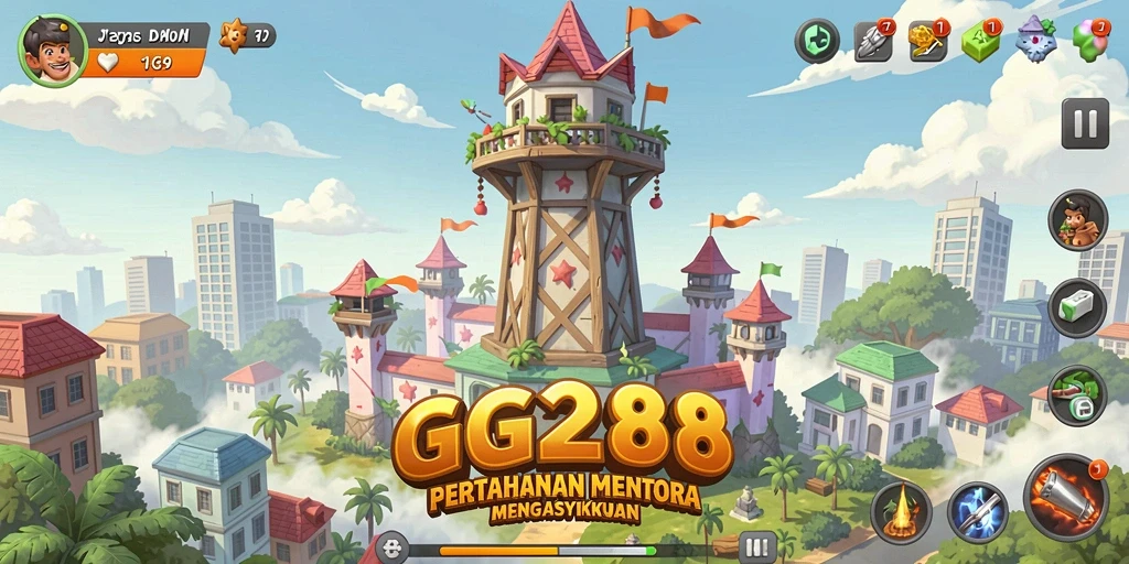 Screenshot utama GG288 menampilkan pertarungan Tower Defense yang intens.