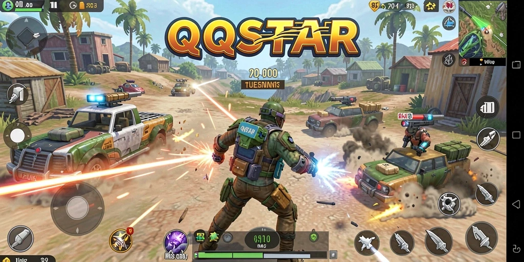 Tampilan gameplay seru dari QQSTAR dalam arena Battle Royale.